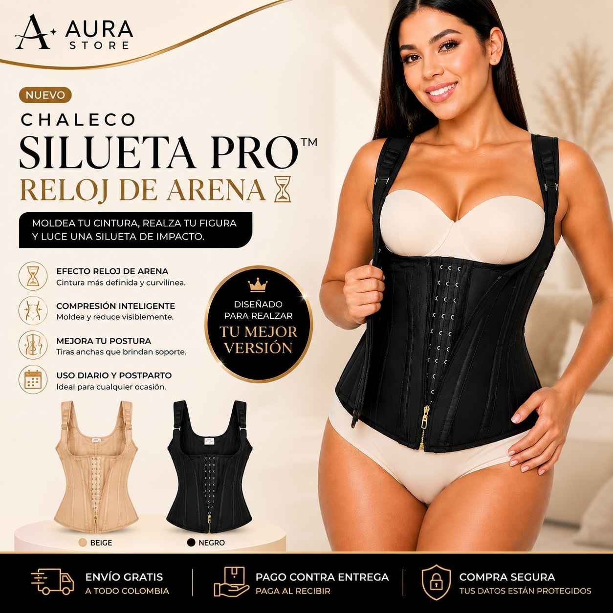 Chaleco Silueta Pro™: Tecnología de doble ajuste para una figura de reloj de arena perfecta.