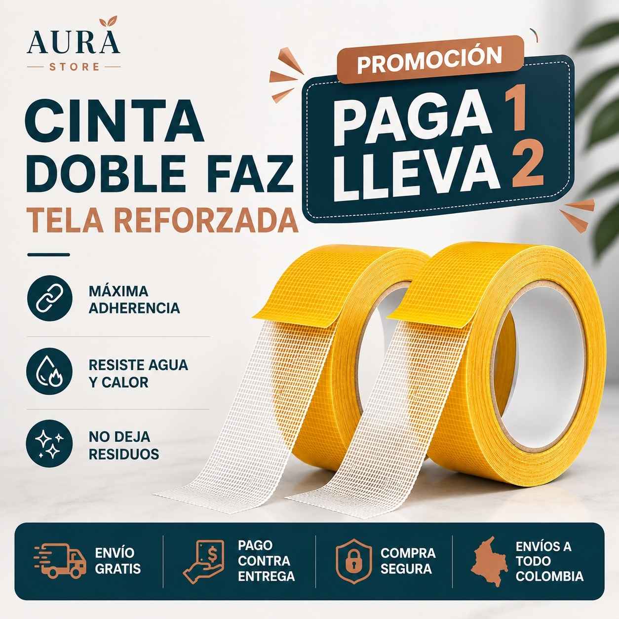 Cinta doble faz de malla reforzada: PAGA 1 LLEVA 2