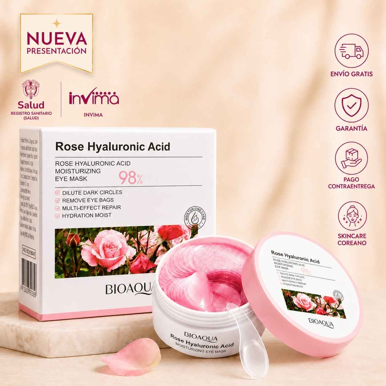 Parches Rosas Bioaqua: Tratamiento Hidratante y Antifatiga x60 Unds
